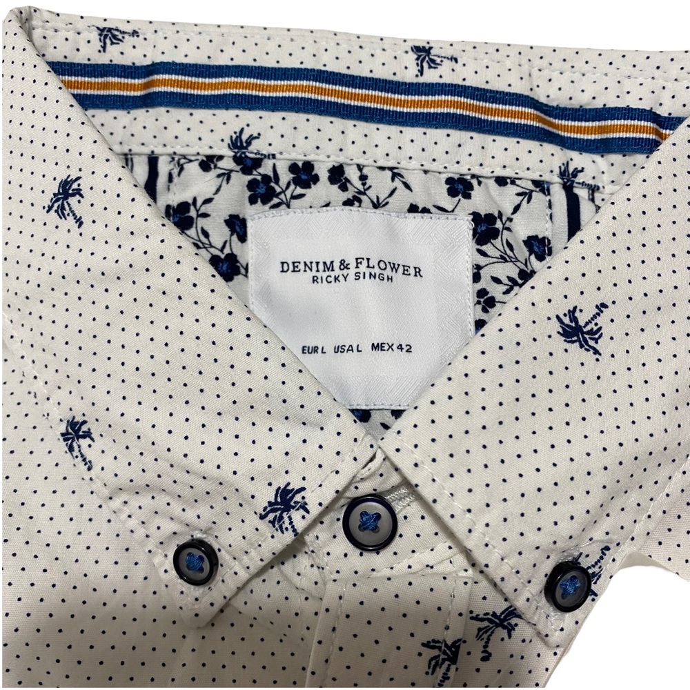 Denim & Flower Ricky Singh White Blue Palm Trees Button Down Szs Med, Lg - Picture 2 of 11